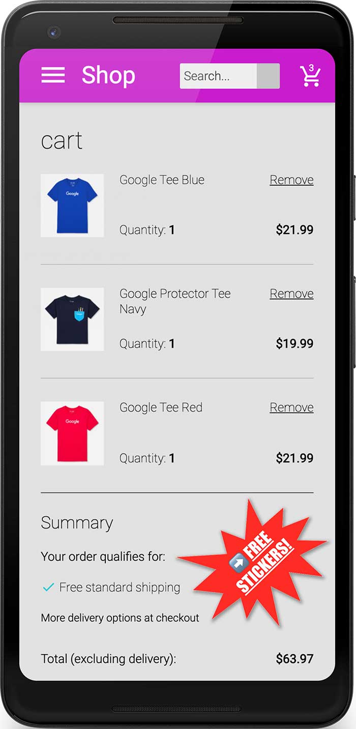 Page de paiement sur mobile affichant une promotion distrayante pour des AUTOCOLLANTS SANS FRAIS.