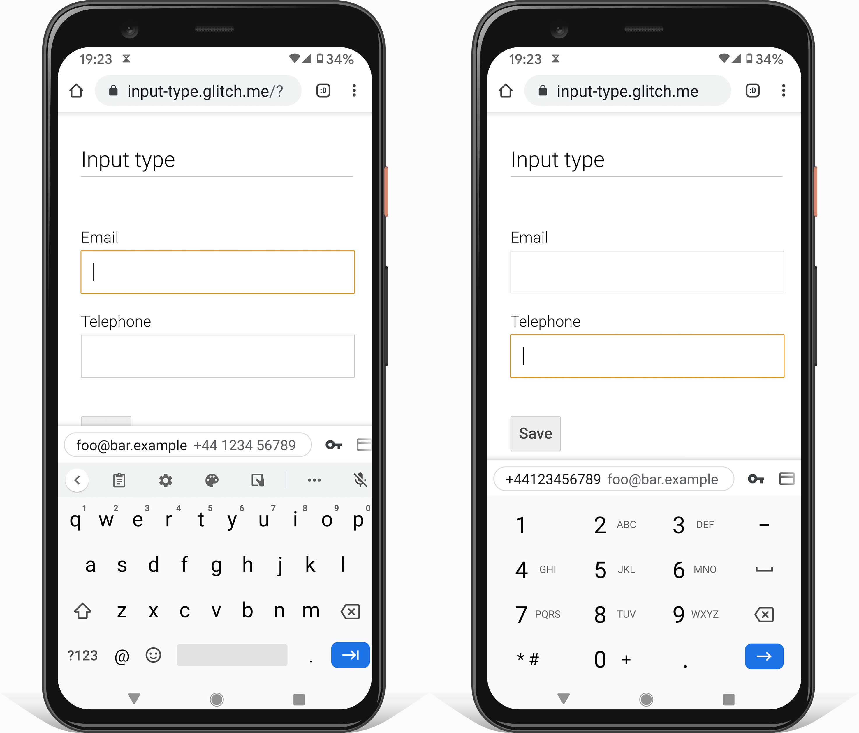 שני צילומי מסך של טלפונים עם Android, שבהם מוצגת מקלדת שמתאימה להזנת כתובת אימייל (באמצעות type=email) ולהזנת מספר טלפון (באמצעות type=tel).