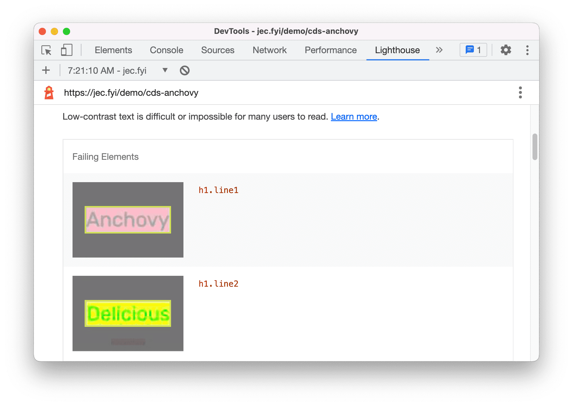 Screenshot einer Lighthouse-Bewertung mit Ergebnissen für Text mit geringem Kontrast bei den Farbkombinationen von zwei Wörtern.