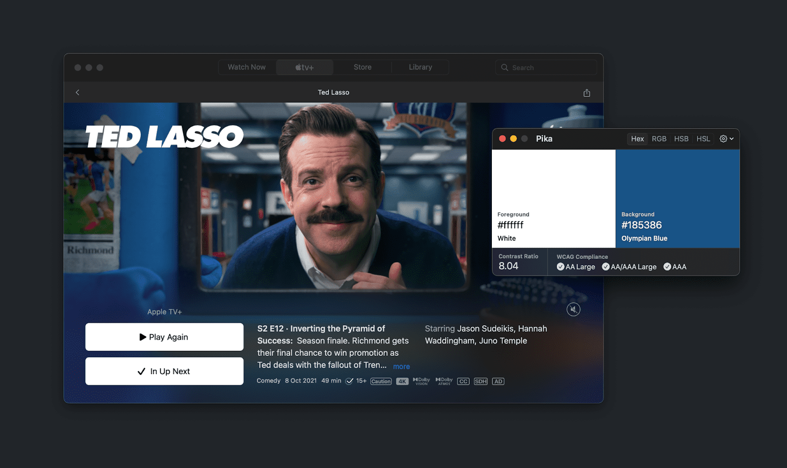 Capture d'écran d'une série TV avec le titre au-dessus, le L est blanc et le bleu derrière est comparé. Ils ont un contraste de 8 et atteignent les cibles AA et AAA.