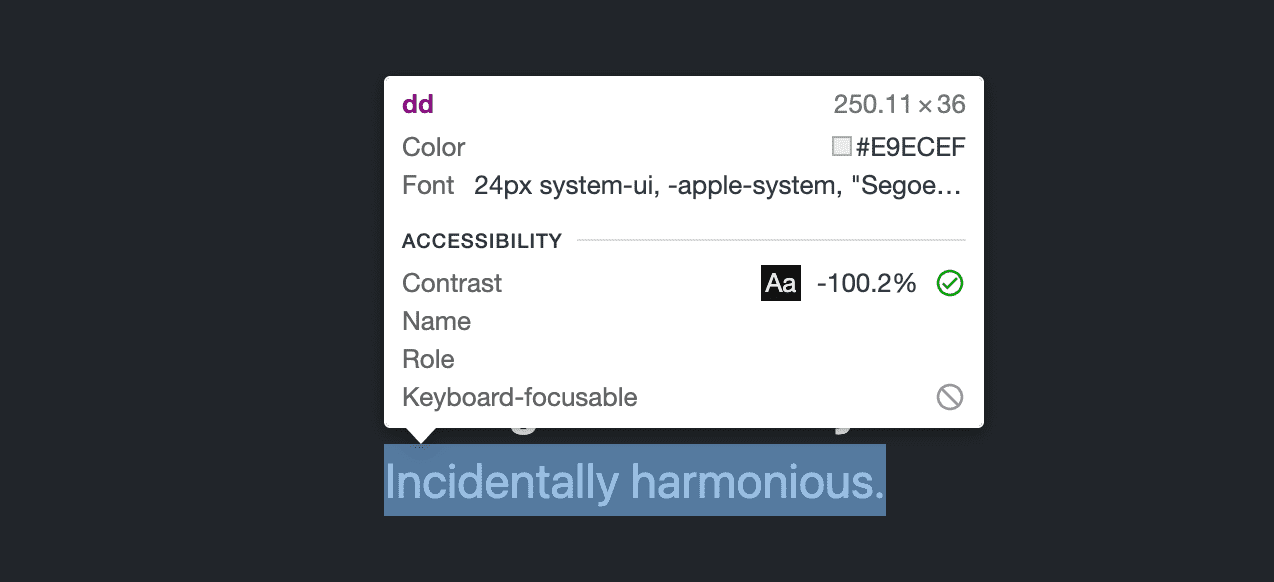 La descrizione comando dell'elemento di ispezione di DevTools mostra -100,2% per il punteggio di contrasto in un elemento dd.