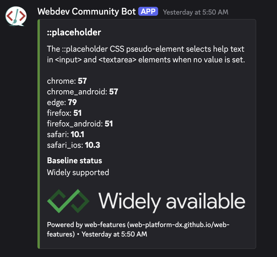 The Baseline bot showing data on a web feature in the web dev and web design Discord community.