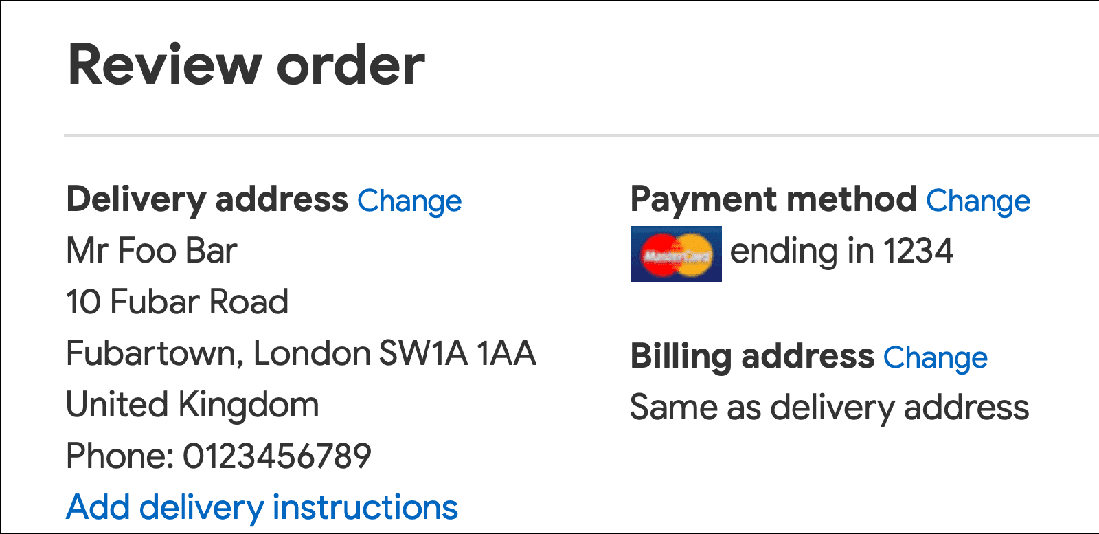 Der Bereich „Bestellung überprüfen“ auf einer Checkout-Seite mit Text im Klartext und Links zum Ändern der Lieferadresse, Zahlungsmethode und Rechnungsadresse, die nicht angezeigt werden.