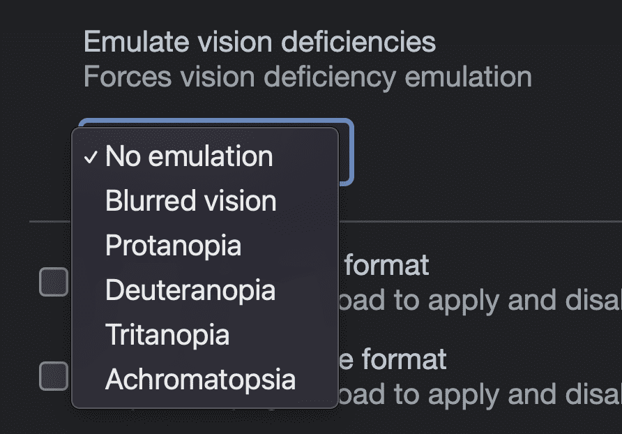 Capture d'écran des options disponibles dans les outils de développement d'émulation pour émuler des déficiences visuelles : aucune émulation, vision floue, protanopie, deutéranopie, tritanopie, achromatopsie.