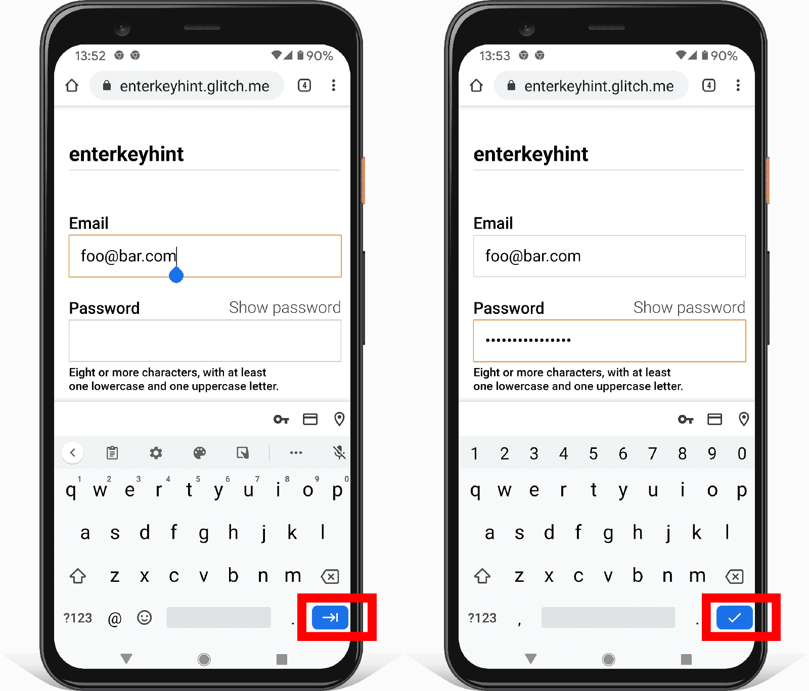 Dua screenshot formulir alamat di Android yang menunjukkan cara atribut input enterkeyhint mengubah ikon tombol enter.